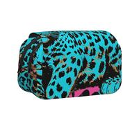 DENMER Cute Turquoise Leopard Printed Flip Pencil Case with 2 Compartments, Large Capacity, Portable Stationery Organizer for School, Travel and Art