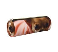 DENMER Depressed Chihuahua Printed Leather Pencil Case Cute Stationery Organizer Round Makeup Bag Pen Pouch, Gold Zipper