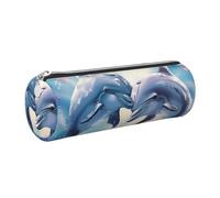 DENMER Dolphins in Love 1 Printed Leather Pencil Case Cute Stationery Organizer Round Makeup Bag Pen Pouch, Silver Zipper