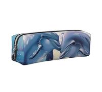 DENMER Dolphins in Love 1 Printed Leather Pencil Case Cute Stationery Organizer Simple Makeup Bag Pen Pouch, Silver Zipper