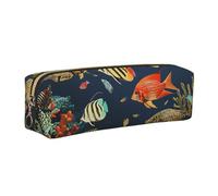 DENMER Fish Pattern Printed Leather Pencil Case Cute Stationery Organizer Simple Makeup Bag Pen Pouch, Gold Zipper