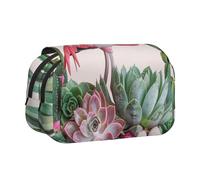 DENMER Flamingo Succulent Plants Printed Flip Pencil Case with 2 Compartments, Large Capacity, Portable Stationery Organizer for School, Travel and Art