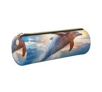 DENMER Funny Animal Dolphin Printed Leather Pencil Case Cute Stationery Organizer Round Makeup Bag Pen Pouch, Gold Zipper