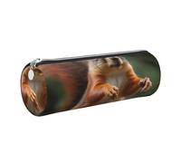 DENMER Funny Animal Squirrel Printed Leather Pencil Case Cute Stationery Organizer Round Makeup Bag Pen Pouch, Silver Zipper