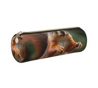 DENMER Funny Animal Squirrel Printed Leather Pencil Case Cute Stationery Organizer Round Makeup Bag Pen Pouch, Gold Zipper