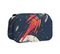 DENMER Funny Astronaut Cute Dinosaur Rocket Printed Flip Pencil Case with 2 Compartments, Large Capacity, Portable Stationery Organizer for School, Travel and Art