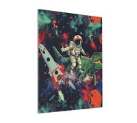 DENMER Funny Astronaut Dinosaur Rocket Printed Solid Wood Frame Canvas Wall Art 20x25 CM - Handmade Framing Square Wall Decor for Bedroom, Living Room, Office