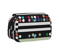DENMER Glitter Rainbow Polka Dot Stripe Black and White 2 Printed Flip Pencil Case with 2 Compartments, Large Capacity, Portable Stationery Organizer for School, Travel and Art