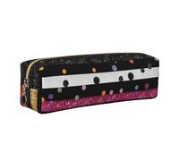 DENMER Glitter Rainbow Polka Dot Stripe Black and White 3 Printed Leather Pencil Case Cute Stationery Organizer Simple Makeup Bag Pen Pouch, Gold Zipper