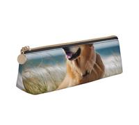 DENMER Golden Retriever on The Beach Printed Zipper Pencil Case Cute Stationery Organizer PVC Leather Triangle Makeup Bag Pen Pouch