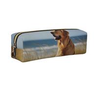 DENMER Golden Retriever Printed Leather Pencil Case Cute Stationery Organizer Simple Makeup Bag Pen Pouch, Gold Zipper