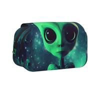 DENMER Green Alien Printed Flip Pencil Case with 2 Compartments, Large Capacity, Portable Stationery Organizer for School, Travel and Art