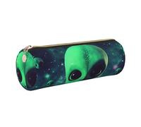 DENMER Green Alien Printed Leather Pencil Case Cute Stationery Organizer Round Makeup Bag Pen Pouch, Gold Zipper