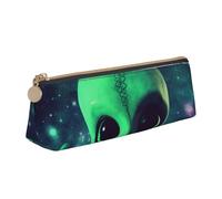 DENMER Green Alien Printed Zipper Pencil Case Cute Stationery Organizer PVC Leather Triangle Makeup Bag Pen Pouch