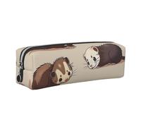 DENMER Hairy Ferret Printed Leather Pencil Case Cute Stationery Organizer Simple Makeup Bag Pen Pouch, Silver Zipper