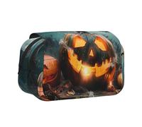 DENMER Halloween Pumpkin and Bat Printed Flip Pencil Case with 2 Compartments, Large Capacity, Portable Stationery Organizer for School, Travel and Art