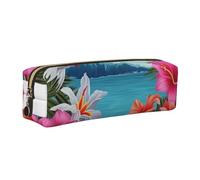 DENMER Hawaii Hibiscus Flower Printed Leather Pencil Case Cute Stationery Organizer Simple Makeup Bag Pen Pouch, Gold Zipper