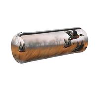 DENMER Hunting Flying Wild Duck 3 Printed Leather Pencil Case Cute Stationery Organizer Round Makeup Bag Pen Pouch, Silver Zipper