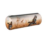 DENMER Hunting Flying Wild Duck 4 Printed Leather Pencil Case Cute Stationery Organizer Round Makeup Bag Pen Pouch, Silver Zipper