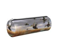 DENMER Hunting Flying Wild Ducks 8 Printed Leather Pencil Case Cute Stationery Organizer Round Makeup Bag Pen Pouch, Silver Zipper