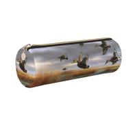 DENMER Hunting Flying Wild Ducks 8 Printed Leather Pencil Case Cute Stationery Organizer Round Makeup Bag Pen Pouch, Gold Zipper