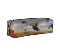 DENMER Hunting Flying Wild Ducks 8 Printed Leather Pencil Case Cute Stationery Organizer Simple Makeup Bag Pen Pouch, Silver Zipper