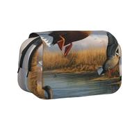 DENMER Hunting Flying Wild Ducks by The Lake Printed Flip Pencil Case with 2 Compartments, Large Capacity, Portable Stationery Organizer for School, Travel and Art