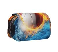 DENMER Ice and Fire Volleyball Printed Flip Pencil Case with 2 Compartments, Large Capacity, Portable Stationery Organizer for School, Travel and Art