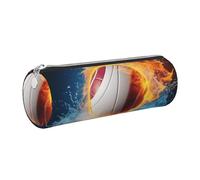 DENMER Ice and Fire Volleyball Printed Leather Pencil Case Cute Stationery Organizer Round Makeup Bag Pen Pouch, Silver Zipper