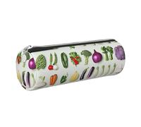DENMER Introduction of Various Vegetables Printed Leather Pencil Case Cute Stationery Organizer Round Makeup Bag Pen Pouch, Silver Zipper