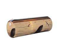 DENMER Killer Whale Under Sunset Printed Leather Pencil Case Cute Stationery Organizer Round Makeup Bag Pen Pouch, Silver Zipper