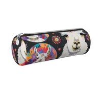 DENMER Llama Alpaca Printed Leather Pencil Case Cute Stationery Organizer Round Makeup Bag Pen Pouch, Silver Zipper