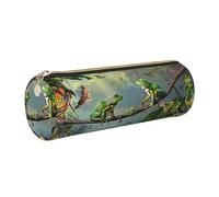 DENMER Many Frogs Sing on The Branches Summer Butterflies Printed Leather Pencil Case Cute Stationery Organizer Round Makeup Bag Pen Pouch, Gold Zipper