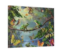 DENMER Many Frogs Sing on The Branches Summer Butterflies Printed Solid Wood Frame Canvas Wall Art 50x40 CM - Handmade Framing Square Wall Decor for Bedroom, Living Room, Office