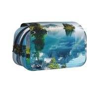 DENMER Mountain Lake View Sunny Day Nature Printed Flip Pencil Case with 2 Compartments, Large Capacity, Portable Stationery Organizer for School, Travel and Art