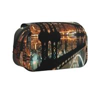 DENMER New York Manhattan Bridge Night Printed Flip Pencil Case with 2 Compartments, Large Capacity, Portable Stationery Organizer for School, Travel and Art