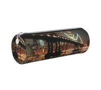 DENMER New York Manhattan Bridge Night Printed Leather Pencil Case Cute Stationery Organizer Round Makeup Bag Pen Pouch, Silver Zipper