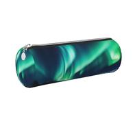 DENMER Northern Lights Printed Leather Pencil Case Cute Stationery Organizer Round Makeup Bag Pen Pouch, Silver Zipper