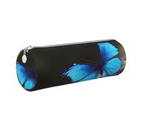 DENMER Outdoor Beautiful Blue Butterfly Printed Leather Pencil Case Cute Stationery Organizer Round Makeup Bag Pen Pouch, Silver Zipper