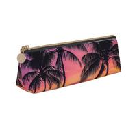 DENMER Palm Trees Silhouette at Sunset Printed Zipper Pencil Case Cute Stationery Organizer PVC Leather Triangle Makeup Bag Pen Pouch