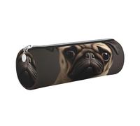 DENMER Pretty Pug Printed Leather Pencil Case Cute Stationery Organizer Round Makeup Bag Pen Pouch, Silver Zipper