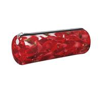 DENMER Red Rose Petals Printed Leather Pencil Case Cute Stationery Organizer Round Makeup Bag Pen Pouch, Silver Zipper