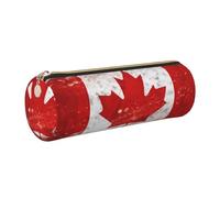 DENMER Retro Canada Flag Printed Leather Pencil Case Cute Stationery Organizer Round Makeup Bag Pen Pouch, Gold Zipper