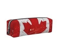 DENMER Retro Canada Flag Printed Leather Pencil Case Cute Stationery Organizer Simple Makeup Bag Pen Pouch, Silver Zipper