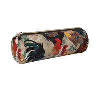 DENMER Rooster and Chicken Print Printed Leather Pencil Case Cute Stationery Organizer Round Makeup Bag Pen Pouch, Gold Zipper