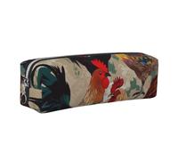 DENMER Rooster and Chicken Print Printed Leather Pencil Case Cute Stationery Organizer Simple Makeup Bag Pen Pouch, Silver Zipper