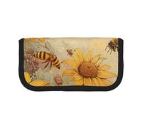 DENMER Rural Honey Bees Flowers Printed Canvas Pencil Case, Spacious Pen Pouch for School, Office and Travel