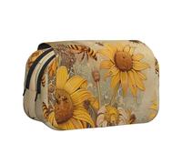DENMER Rural Honey Bees Flowers Printed Flip Pencil Case with 2 Compartments, Large Capacity, Portable Stationery Organizer for School, Travel and Art