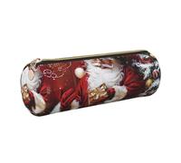 DENMER Santa Claus Xmas Gifts Printed Leather Pencil Case Cute Stationery Organizer Round Makeup Bag Pen Pouch, Gold Zipper