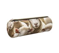 DENMER Sheep and Lambs Printed Leather Pencil Case Cute Stationery Organizer Round Makeup Bag Pen Pouch, Gold Zipper